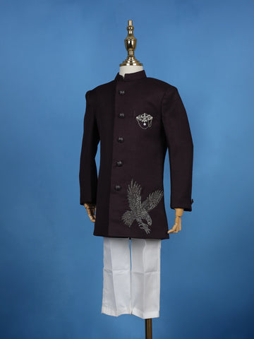 Wine Eagle Design Embroidered Polyester Sherwani and Pant Set - Diadem