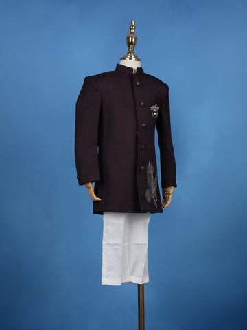 Wine Eagle Design Embroidered Polyester Sherwani and Pant Set - Diadem