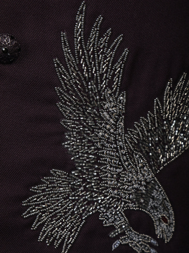 Wine Eagle Design Embroidered Polyester Sherwani and Pant Set - Diadem