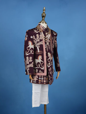 Wine Embroidery Worked Cotton Sherwani and Pant Set - Diadem