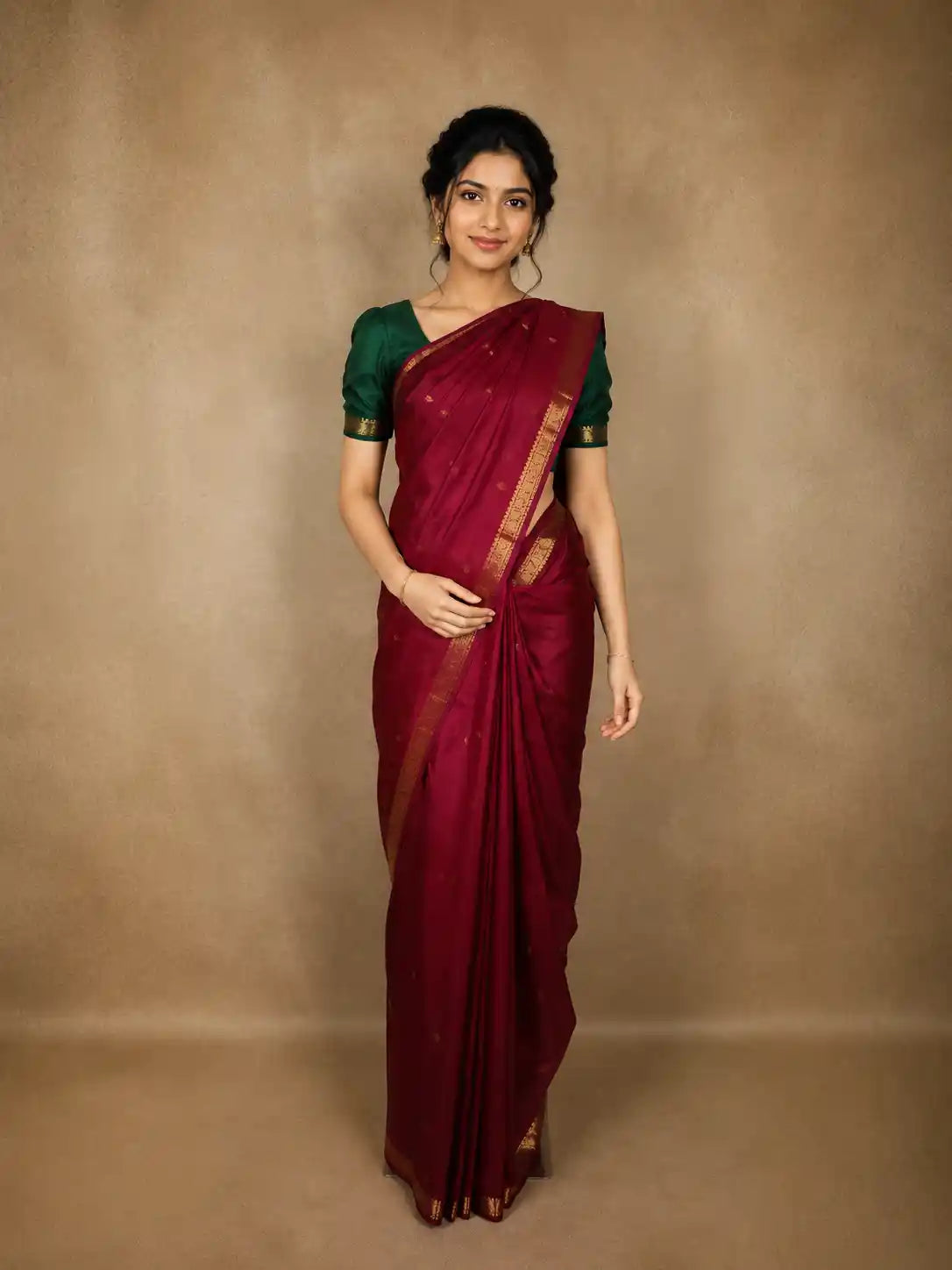 Wine Floral Butta Woven Design Kanchipuram Silk Saree with Zari Border
