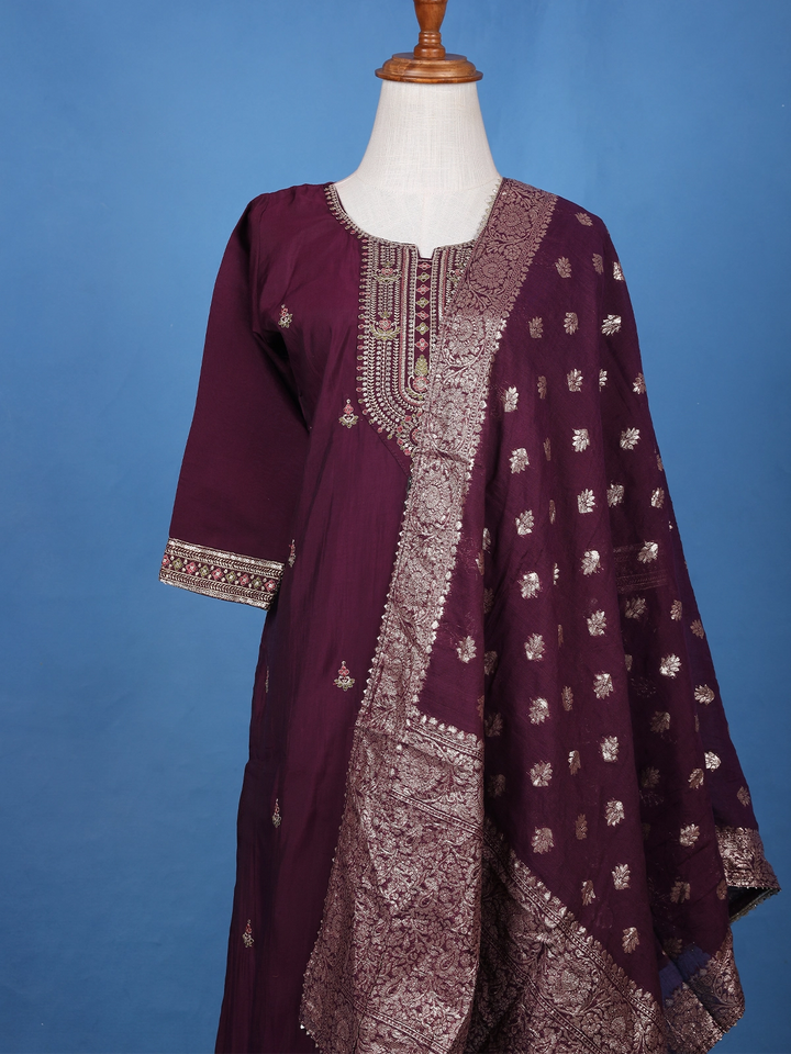 Wine Floral Embroidered Georgette Salwar Suit - Diadem