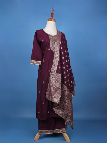 Wine Floral Embroidered Georgette Salwar Suit - Diadem