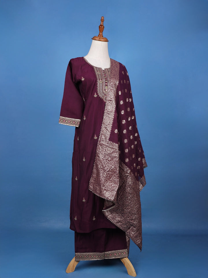Wine Floral Embroidered Georgette Salwar Suit - Diadem