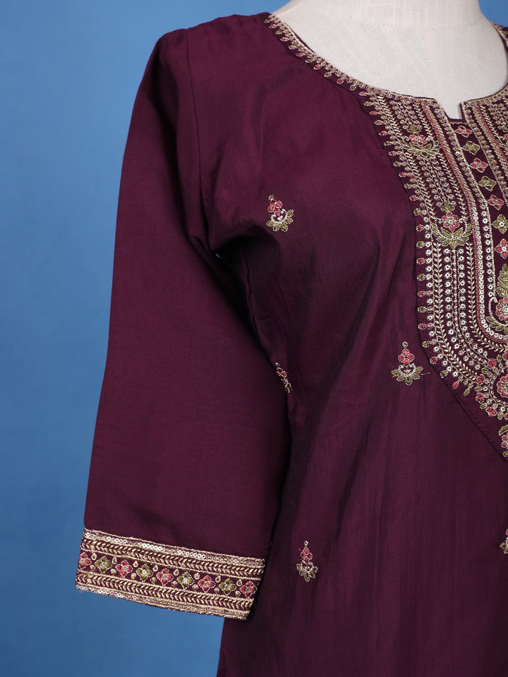 Wine Floral Embroidered Georgette Salwar Suit - Diadem