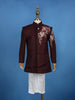 Wine Floral Embroidered Polyester Sherwani and Pant Set - Diadem