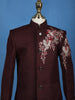 Wine Floral Embroidered Polyester Sherwani and Pant Set - Diadem