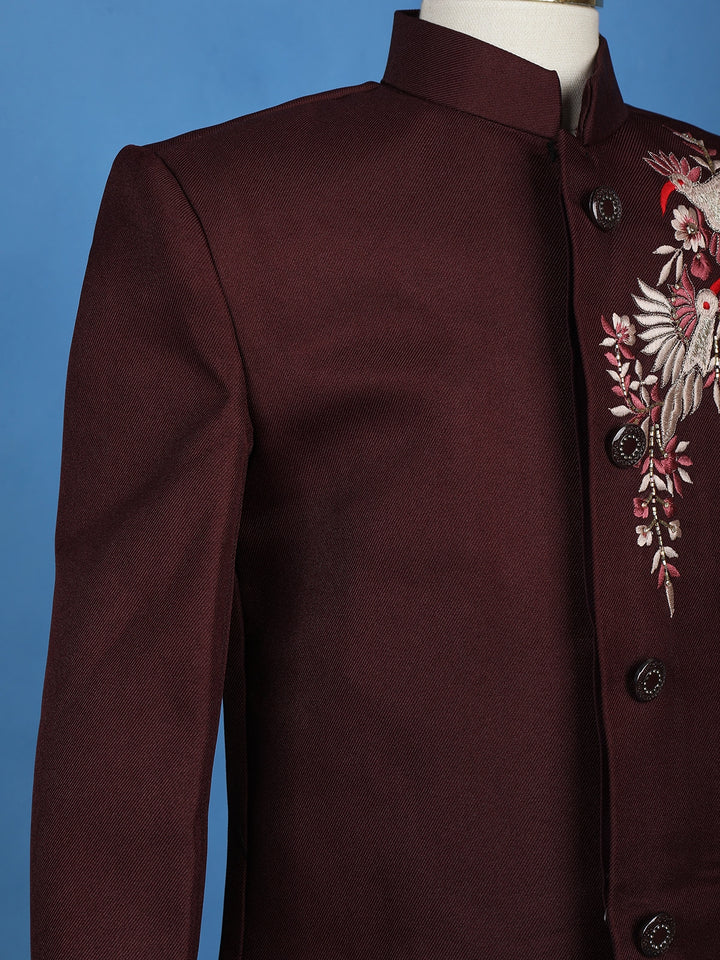 Wine Floral Embroidered Polyester Sherwani and Pant Set - Diadem