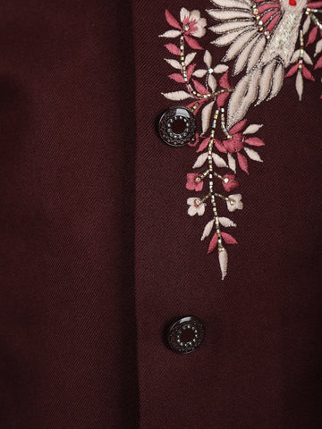 Wine Floral Embroidered Polyester Sherwani and Pant Set - Diadem
