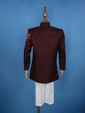 Wine Floral Embroidered Polyester Sherwani and Pant Set - Diadem