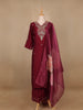 Wine Floral Embroidered Raw Silk Straight Cut Salwar Suit - Diadem