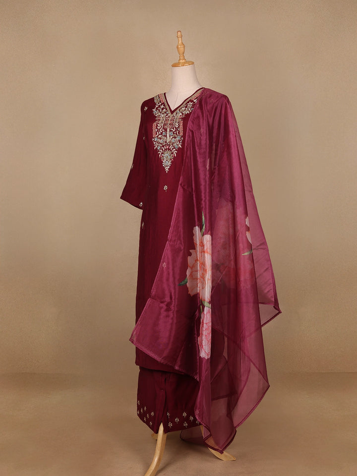 Wine Floral Embroidered Raw Silk Straight Cut Salwar Suit - Diadem