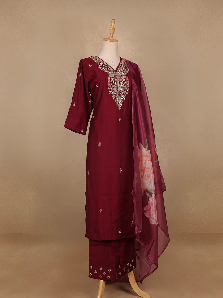 Wine Floral Embroidered Raw Silk Straight Cut Salwar Suit - Diadem