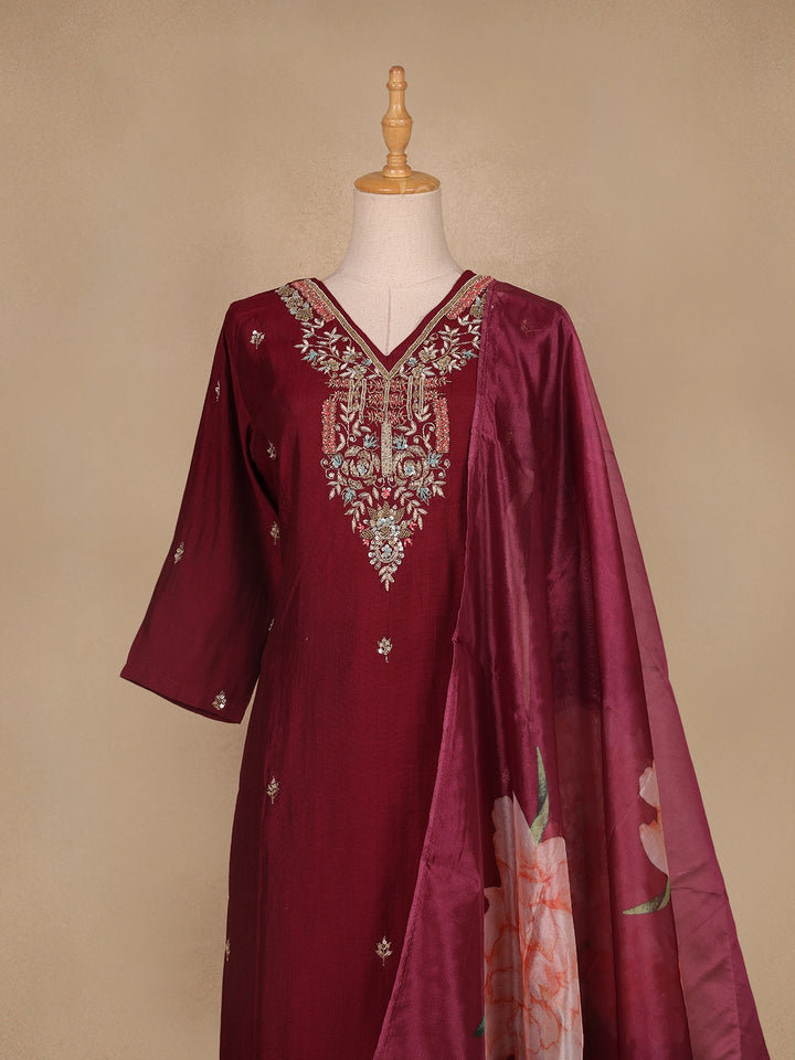 Wine Floral Embroidered Raw Silk Straight Cut Salwar Suit - Diadem