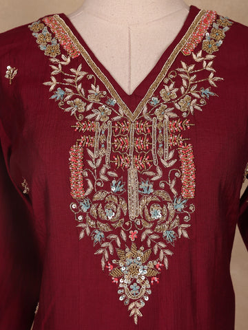 Wine Floral Embroidered Raw Silk Straight Cut Salwar Suit - Diadem