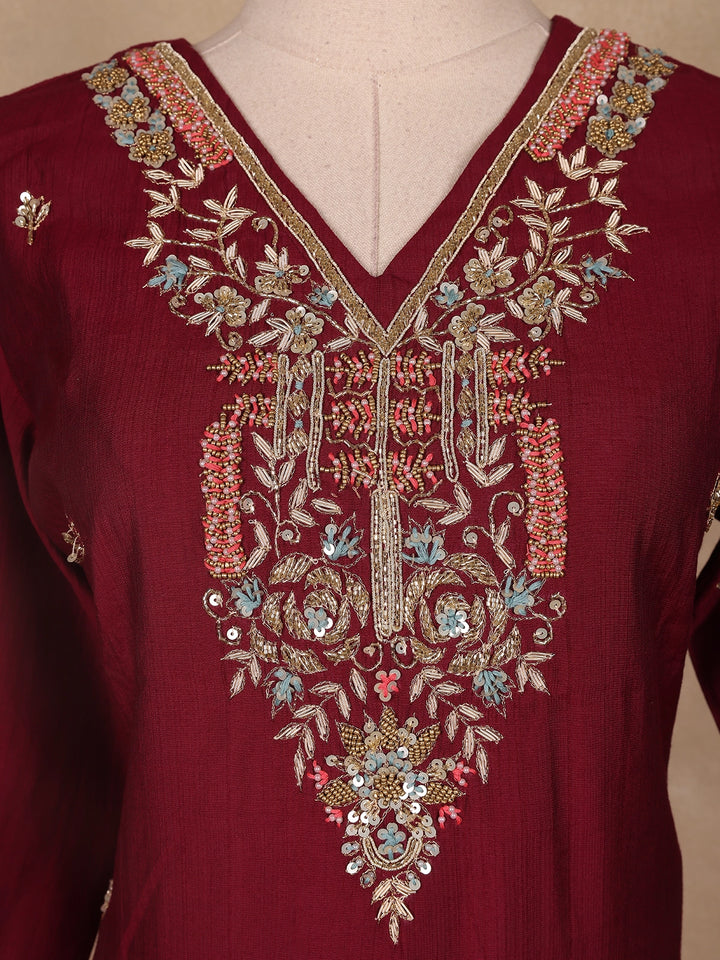 Wine Floral Embroidered Raw Silk Straight Cut Salwar Suit - Diadem