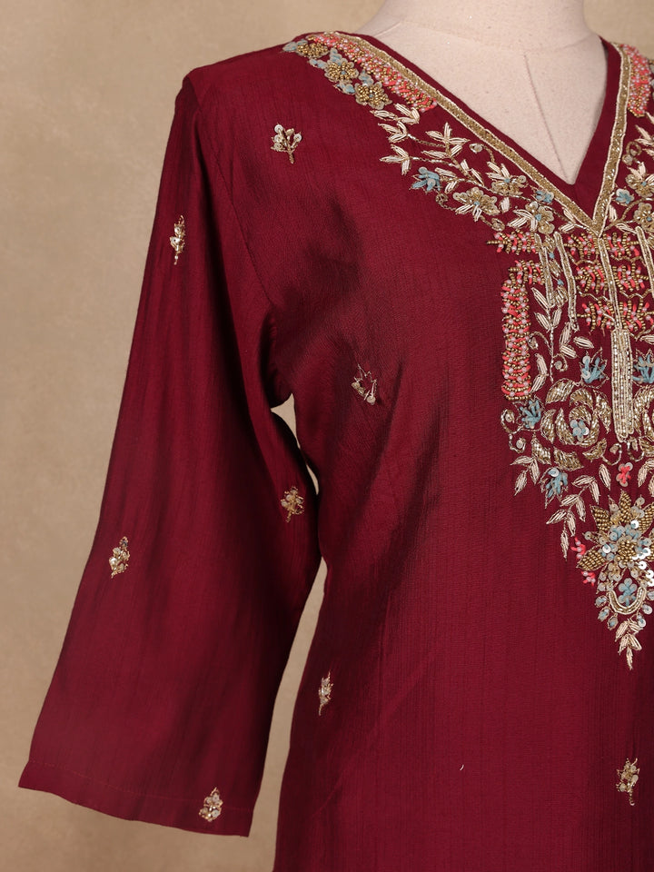 Wine Floral Embroidered Raw Silk Straight Cut Salwar Suit - Diadem