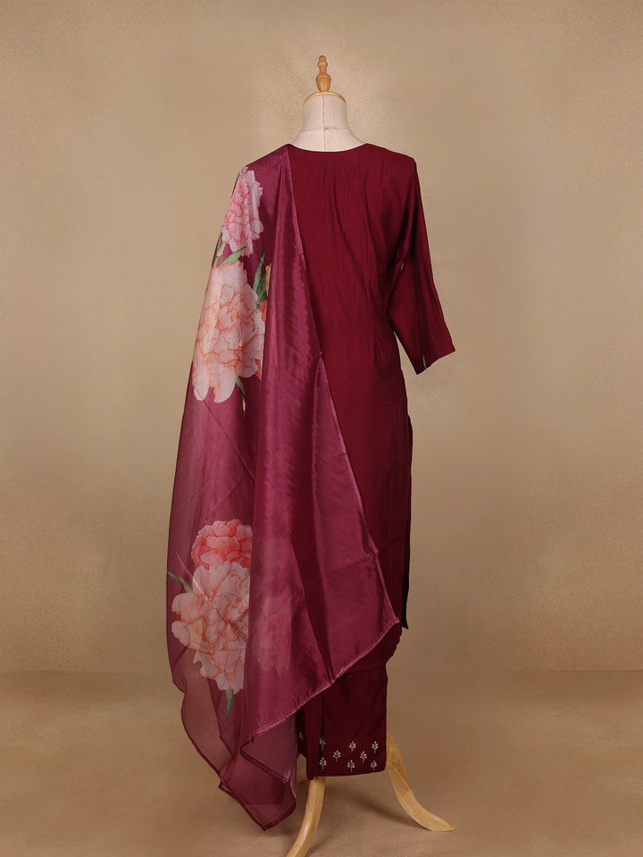 Wine Floral Embroidered Raw Silk Straight Cut Salwar Suit - Diadem