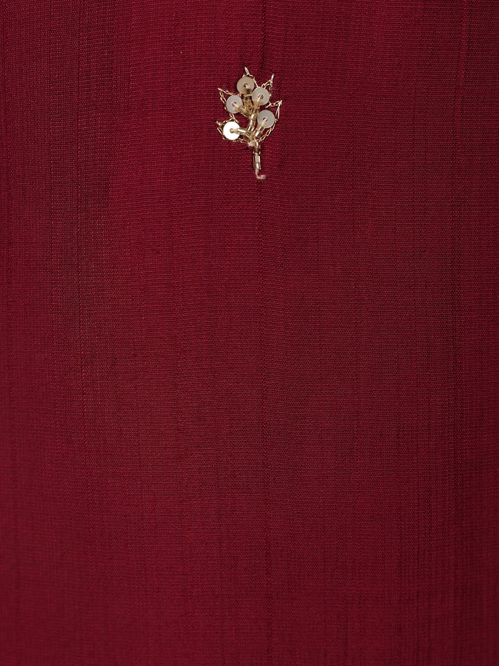 Wine Floral Embroidered Raw Silk Straight Cut Salwar Suit - Diadem