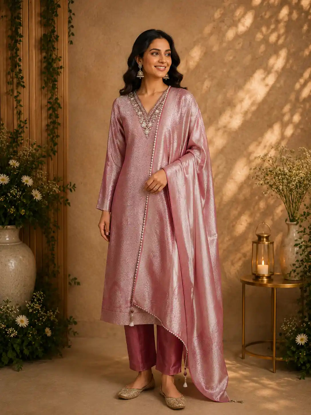 Wine Floral Zari Woven Design Tissue Silk Straight Cut Salwar Suit