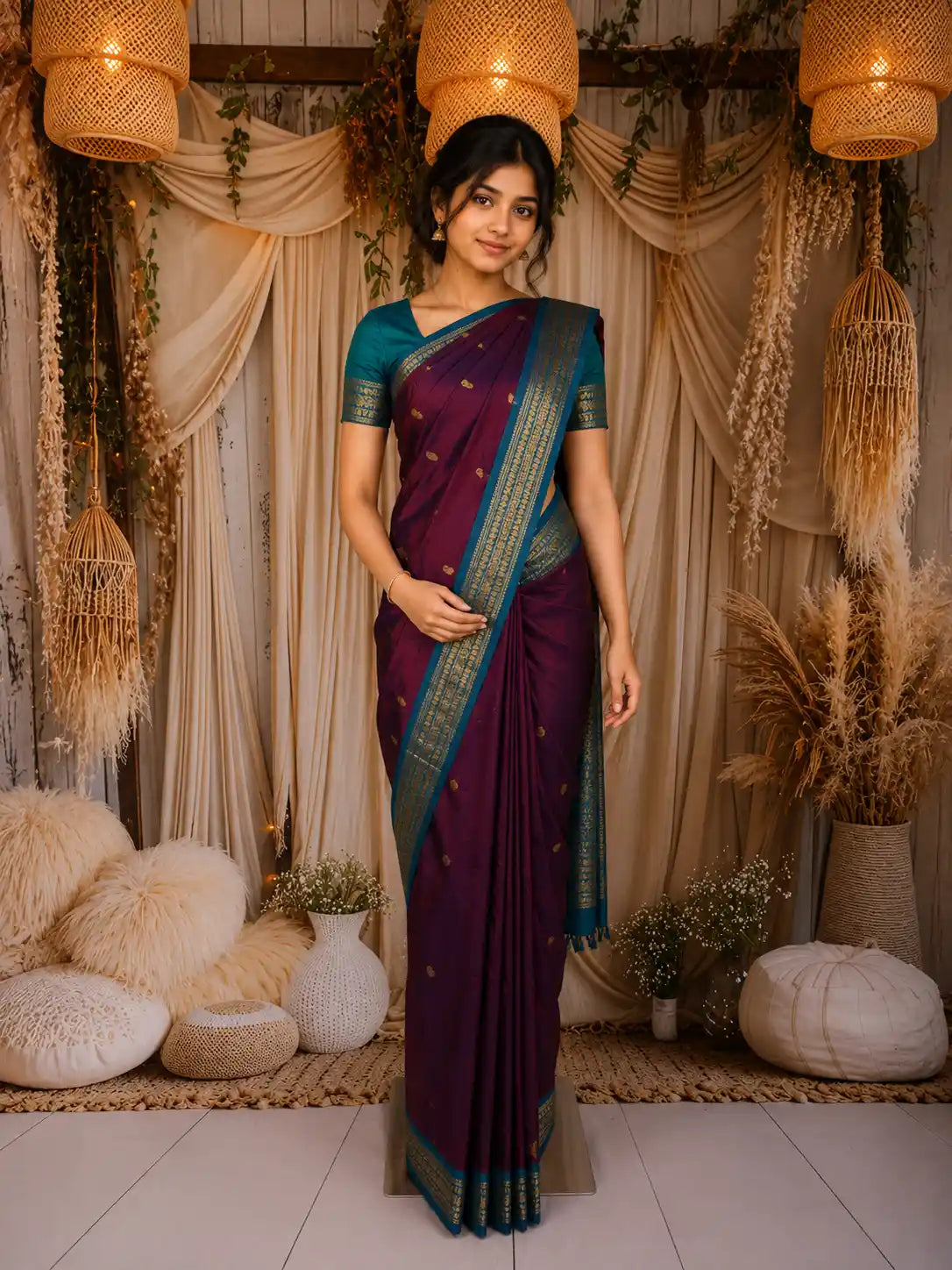 Wine Maroon  Butta Woven Design Kanchipuram Silk Saree with Zari Border