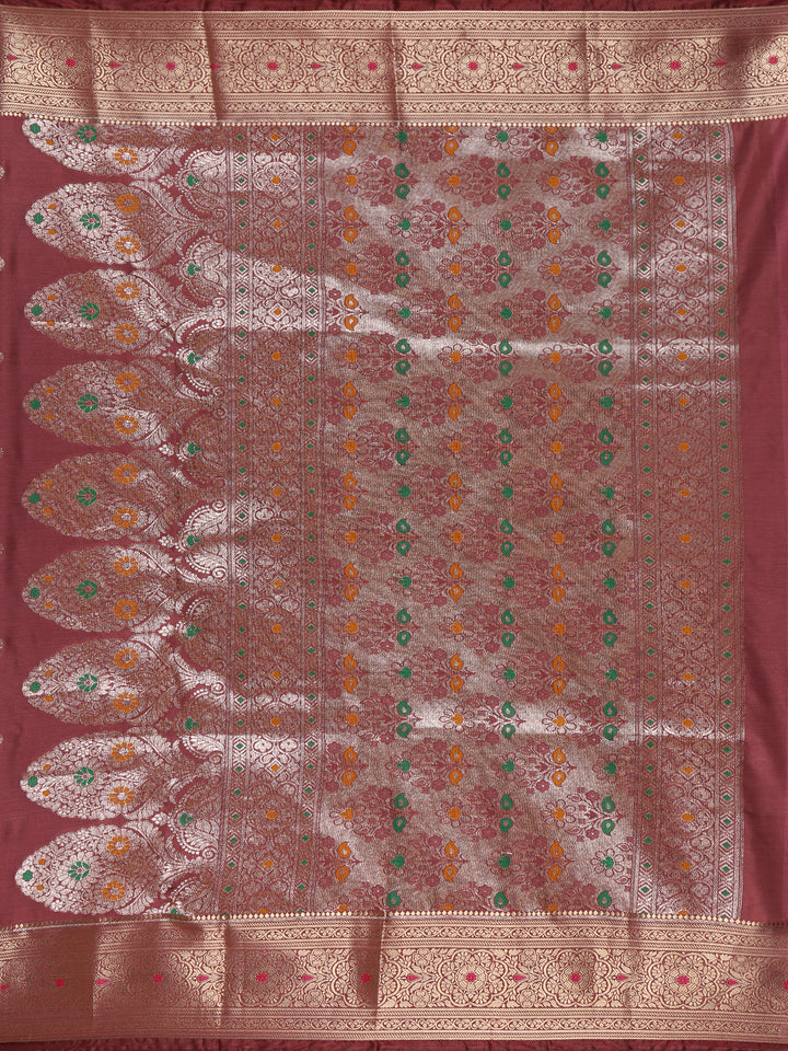 Wine Maroon Floral Butta Woven Pure Kanchipuram Silk Saree - Diadem