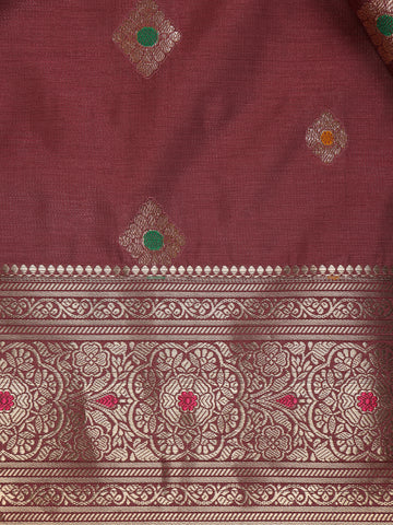 Wine Maroon Floral Butta Woven Pure Kanchipuram Silk Saree - Diadem