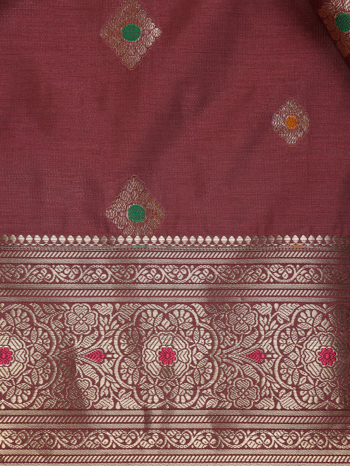 Wine Maroon Floral Butta Woven Pure Kanchipuram Silk Saree - Diadem