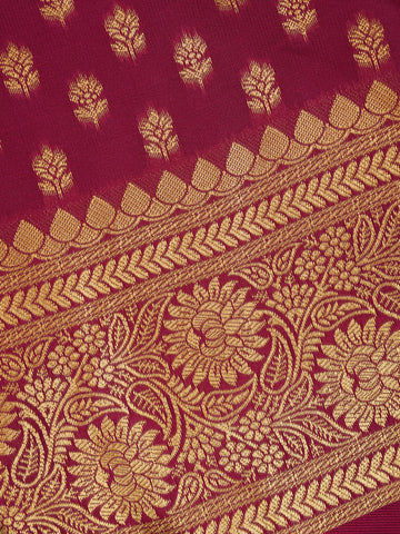 Wine Maroon Floral Design Silk Saree - Diadem