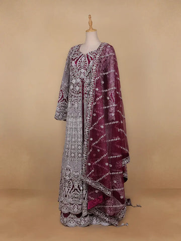 Wine Maroon Floral Embroidery Net Bridal Gown - Diadem