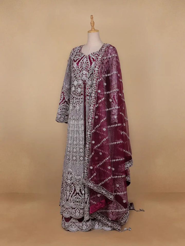 Wine Maroon Floral Embroidery Net Bridal Gown - Diadem