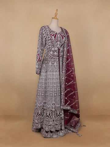 Wine Maroon Floral Embroidery Net Bridal Gown - Diadem