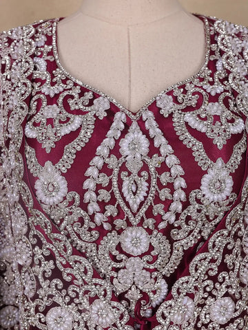 Wine Maroon Floral Embroidery Net Bridal Gown - Diadem