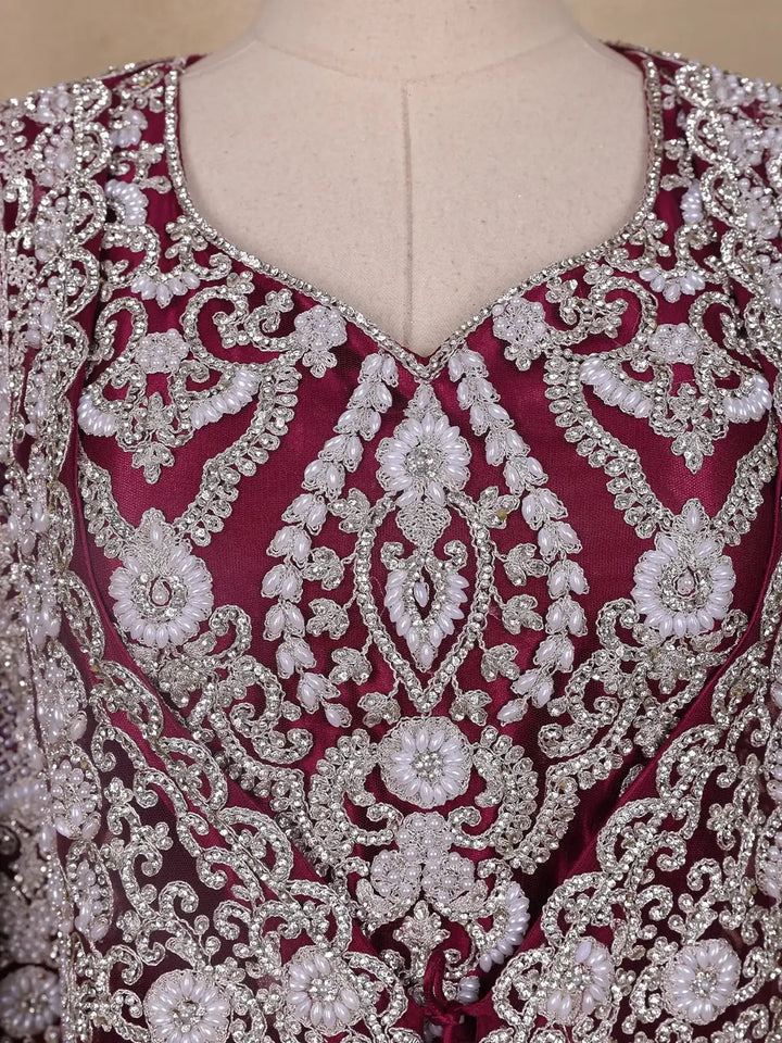 Wine Maroon Floral Embroidery Net Bridal Gown - Diadem