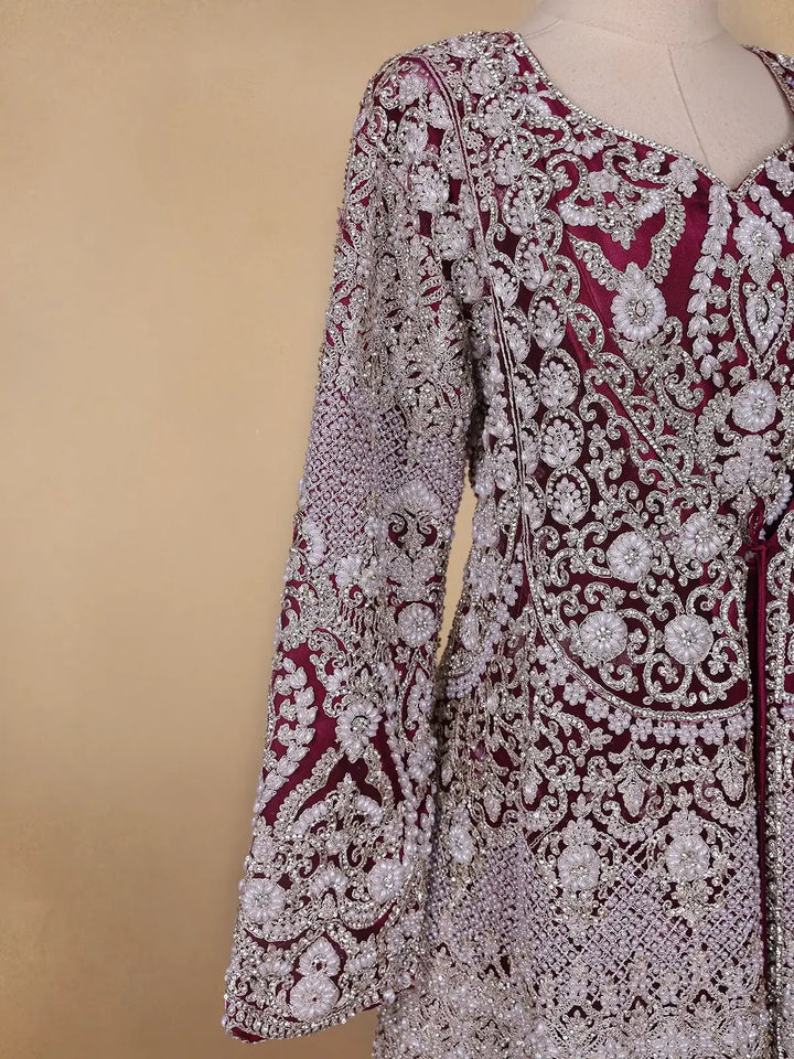 Wine Maroon Floral Embroidery Net Bridal Gown - Diadem