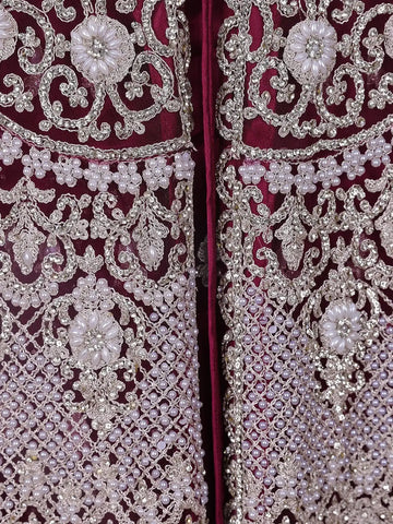 Wine Maroon Floral Embroidery Net Bridal Gown - Diadem