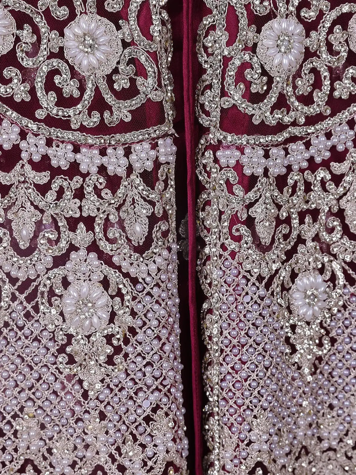 Wine Maroon Floral Embroidery Net Bridal Gown - Diadem