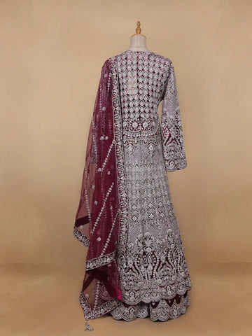 Wine Maroon Floral Embroidery Net Bridal Gown - Diadem