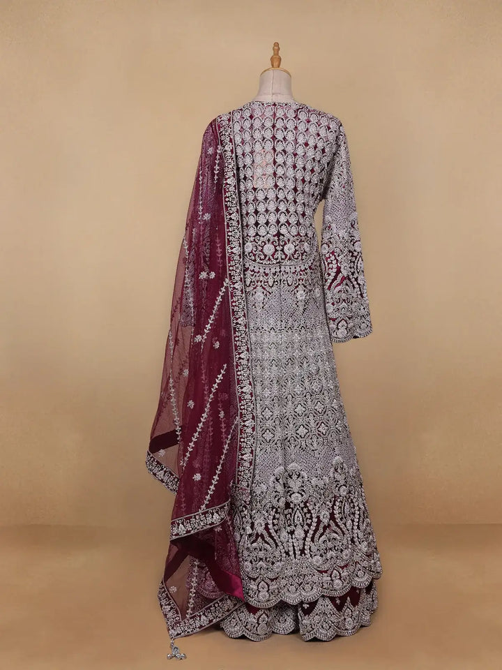 Wine Maroon Floral Embroidery Net Bridal Gown - Diadem
