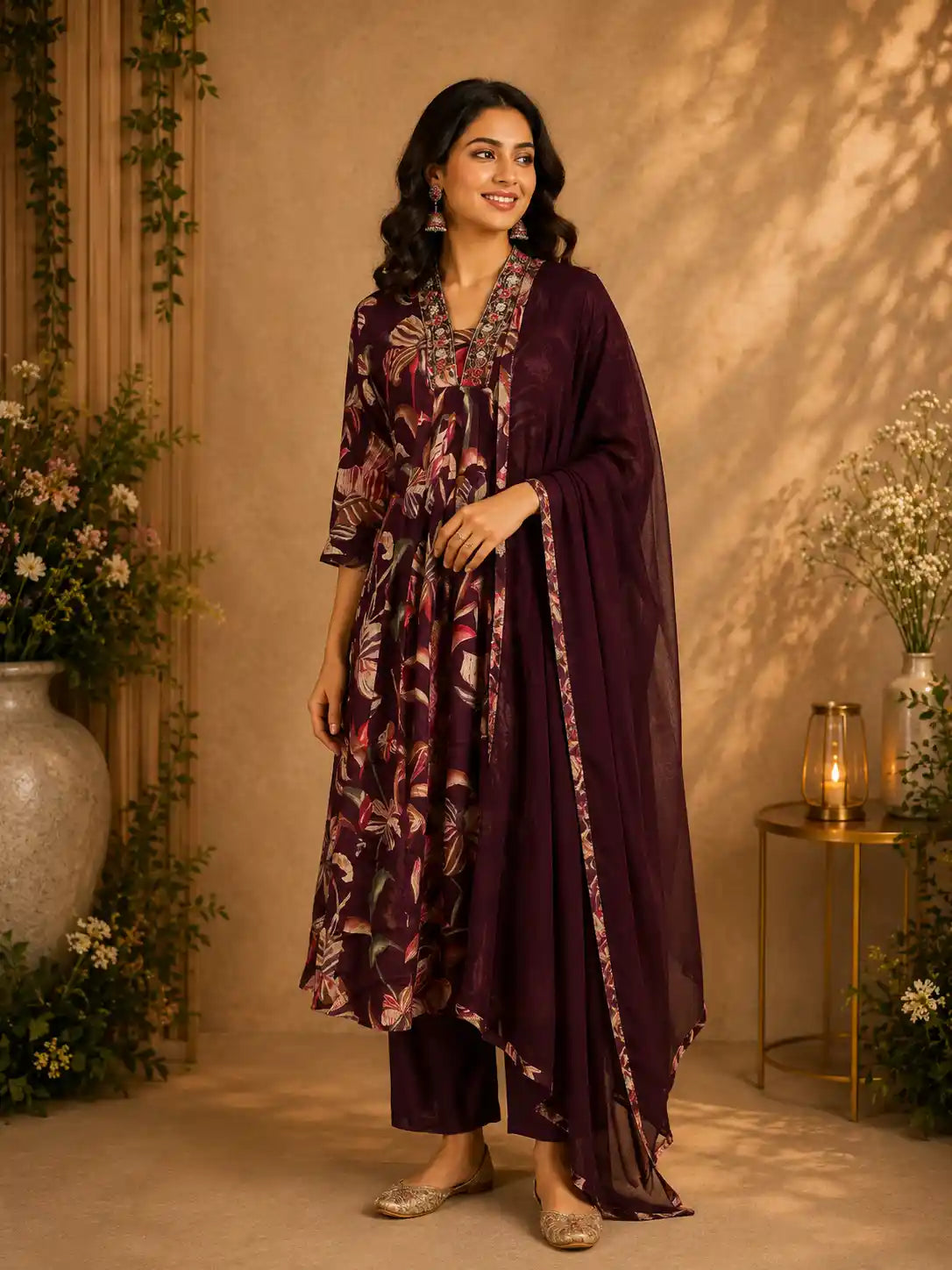 Wine Maroon Floral Printed Design Chiffon Silk Anarkali Salwar Suit with Dupatta