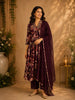 Wine Maroon Floral Printed Design Chiffon Silk Anarkali Salwar Suit with Dupatta