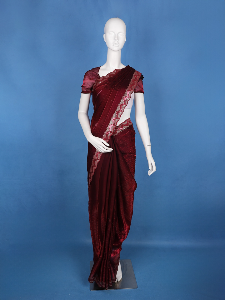 Wine Maroon Sequin Embellishment Organza Saree - Diadem