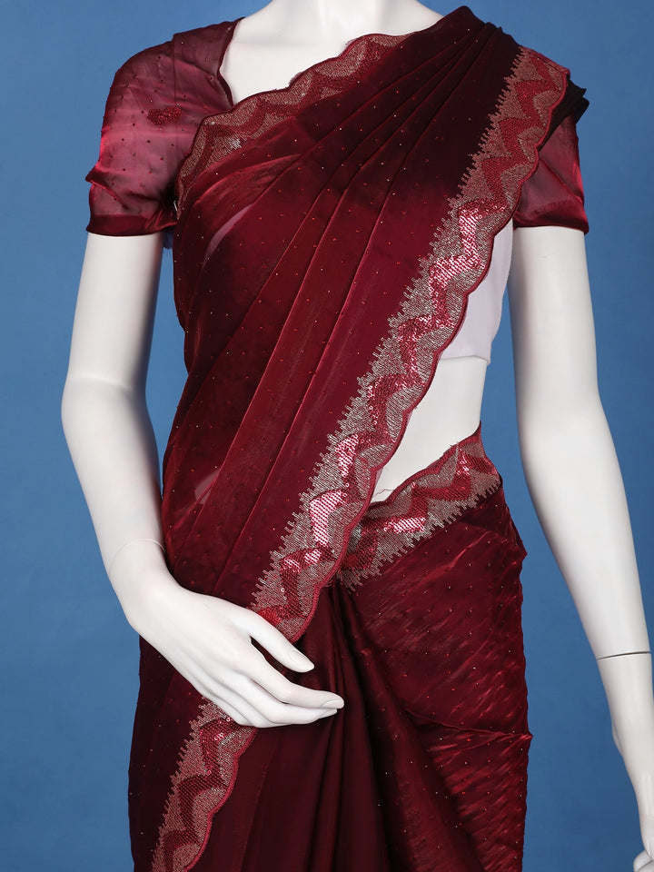 Wine Maroon Sequin Embellishment Organza Saree - Diadem