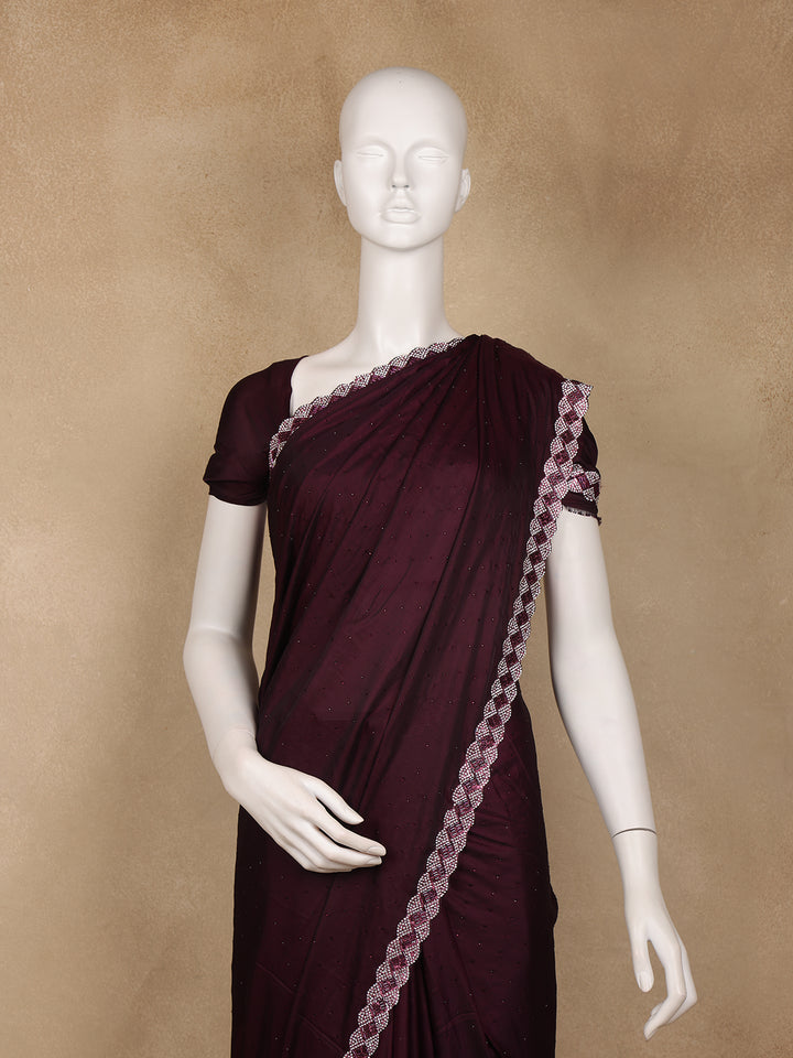 Wine Maroon Sequins Design Satin Saree - Diadem