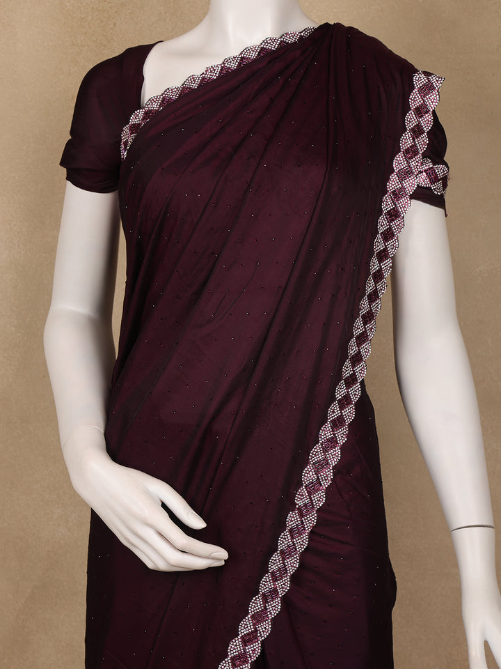 Wine Maroon Sequins Design Satin Saree - Diadem