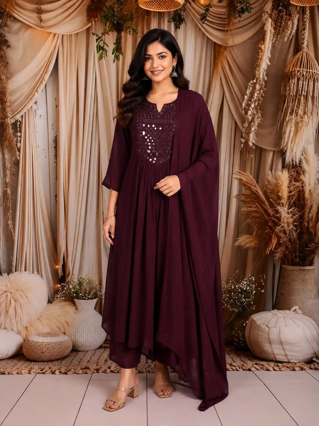 Wine Mirror Embroidered Cotton Anarkali Salwar Suit with Dupatta