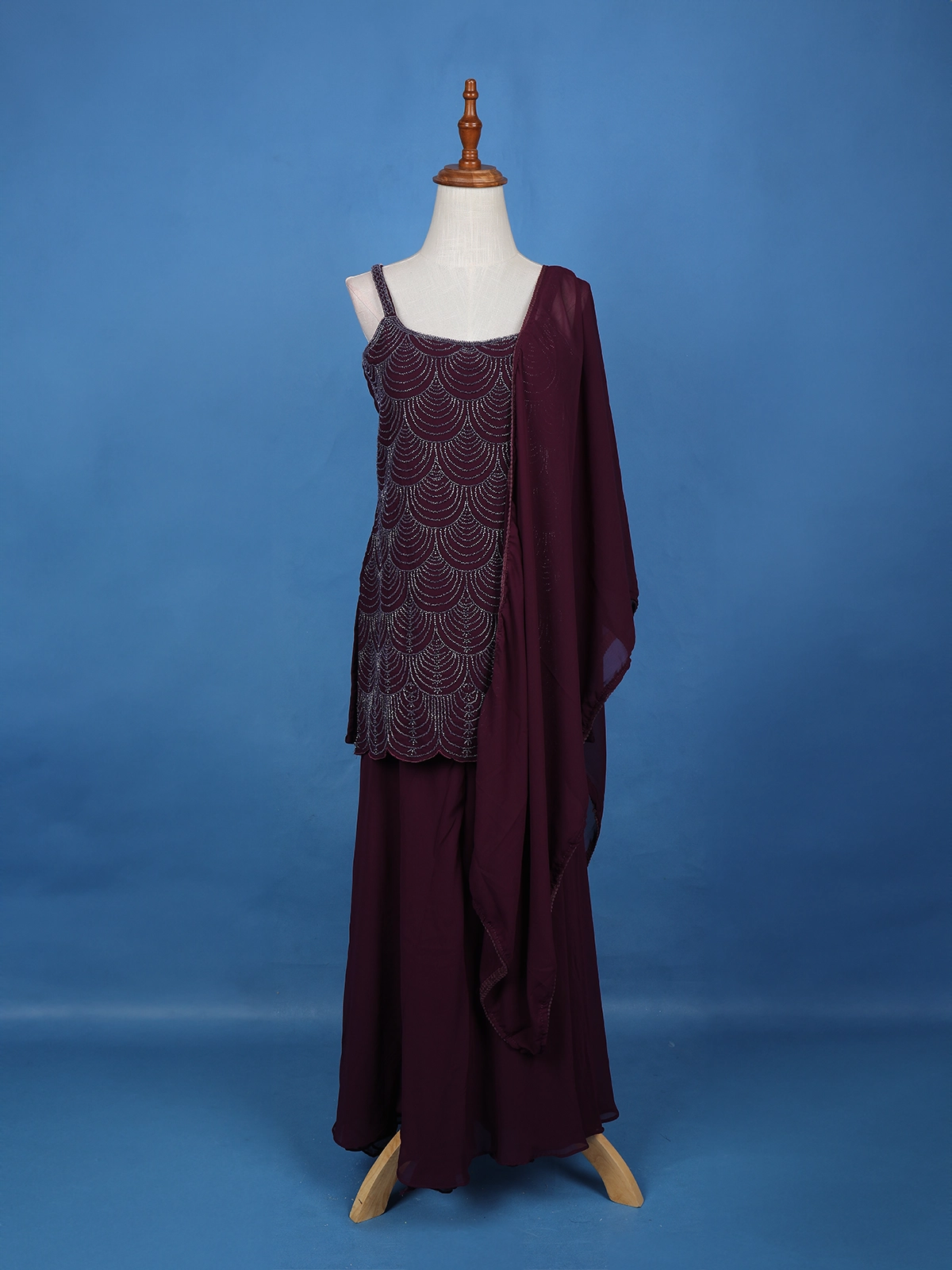 Wine Purple Scallop Beaded Embroidery Georgette Palazzo Suit - Diadem