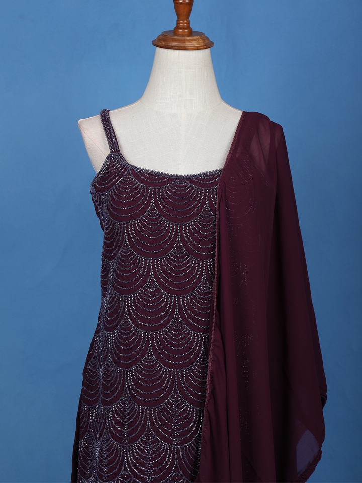 Wine Purple Scallop Beaded Embroidery Georgette Palazzo Suit - Diadem