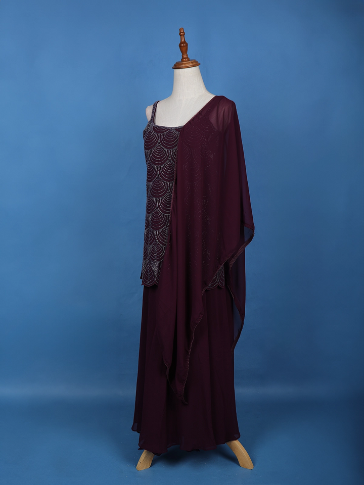 Wine Purple Scallop Beaded Embroidery Georgette Palazzo Suit - Diadem