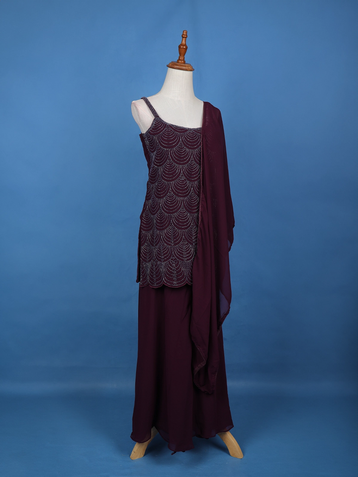 Wine Purple Scallop Beaded Embroidery Georgette Palazzo Suit - Diadem
